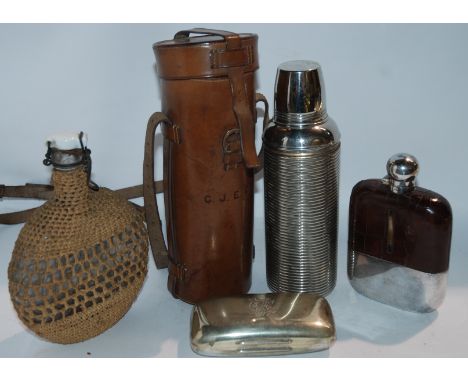 A white-metal and leather mounted hip flask, an Asprey white-metal case, a leather thermos case W &amp; J Milne, Edinburgh wi