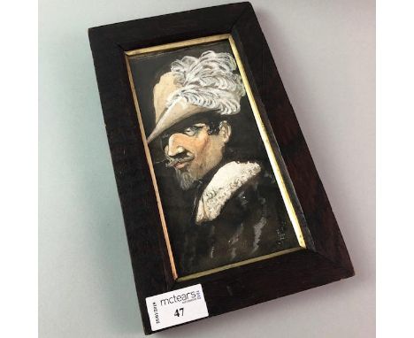 WATERCOLOUR PORTRAIT OF CHARLES I DRESSED AS A CAVALIER, indistinctly mongrammed P. Law (?), dated 1888, 19.5cm x 9cm, framed