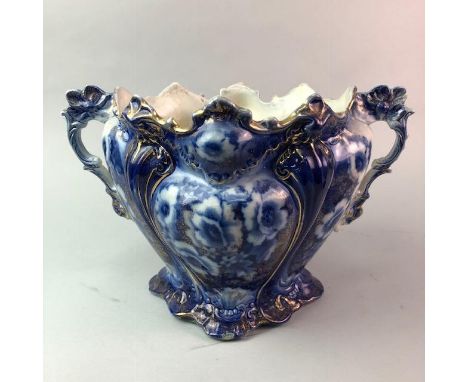 THREE CERAMIC JARDINIERES, along with two cases of minor plated items (5)