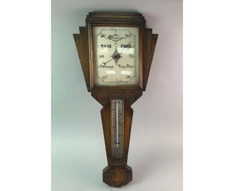 ART DECO OAK WALL BAROMETER, with square dial and of fanned form, with mercury barometer gauge, 71cm long