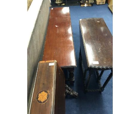 TWO MAHOGANY DROP LEAF TABLES, along with a mahogany bench (3)