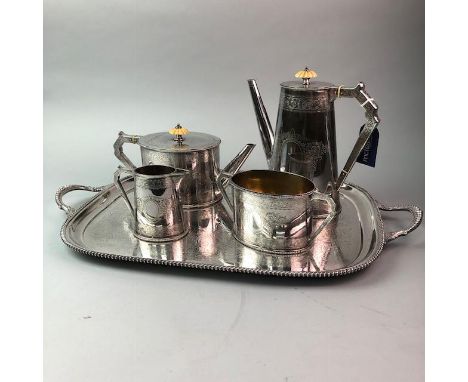 SILVER PLATED FOUR PIECE TEA AND COFFEE SERVICE ON TRAY, by Elkington &amp; Co., comprising teapot, coffee pot, sugar and cre