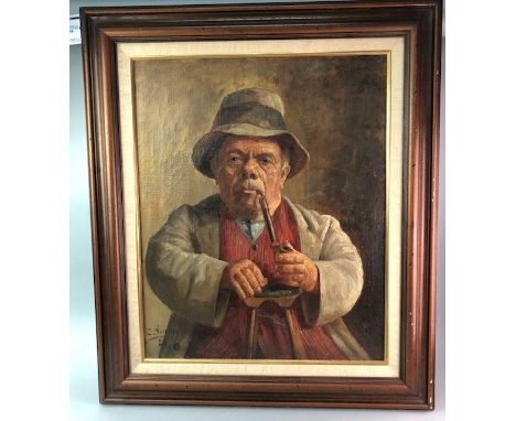 C SIMON (ITALIAN SCHOOL), PORTRAIT OF A PIPE SMOKING GENTLEMAN oil on canvas, signed and dated (19) 24 60cm x 50cm Framed
