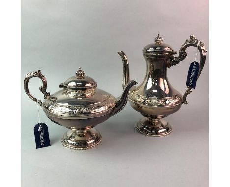 SILVER PLATED TEA POT AND COFFEE POT, along with a quantity of silver plated cutlery and four ceramic plates including one ma