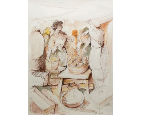 Michel Guyot (French 20th century): Market Scene, watercolour and pastel signed 57cm x 44cm