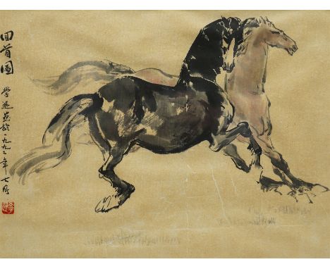 Circle of Xu Beihong (Chinese 1895-1953): Stallions, monochrome watercolour on laid paper signed with artists seal 30cm x 40c