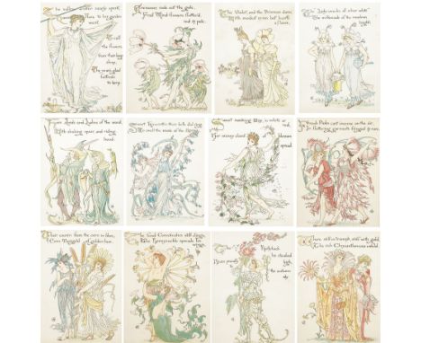 After Walter Crane (British 1845-1915): 'Flora's Feast - A Masque of Flowers', set of twenty-nine chromolithograph book plate