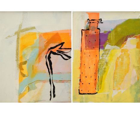 Emma Varley (British Contemporary): 'Souvenirs From Prague I' and 'Souvenirs From Prague II', pair mixed media monoprints ind