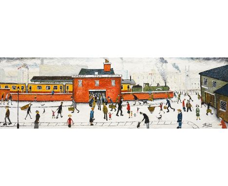 John Hanley (Northern British 1947-): 'Swinbury Town Station', oil and mixed media on board signed 30cm x 90cm