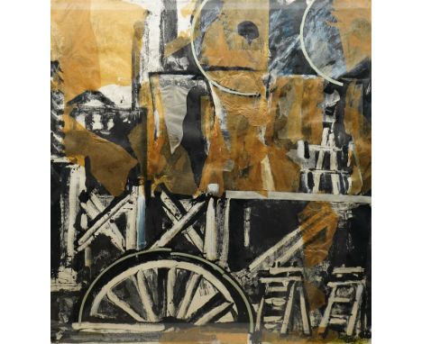 Lucy Mary Hainsworth (South African/Northern British 1935-): 'Ferry Bridge Power Station', mixed media collage attributed and