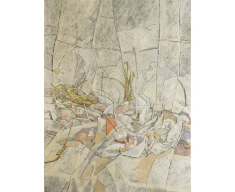 Ann (Anderson) Seabourne (British 20th century): 'Still Life With Eggshells', pastel with mixed media attributed and titled o