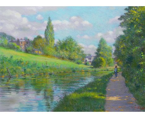 John Mackie (Scottish 1953-): A Spring Walk by the Riverside, pastel signed and dated 2013, 58cm x 79cm
