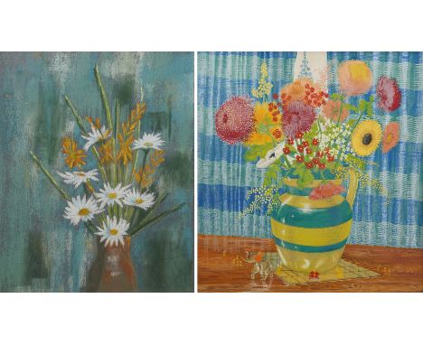 English School (Mid-20th century): Still Life of Flowers in a Striped Jug, gouache unsigned 37cm x 34cm; Audrey Hayward (Brit