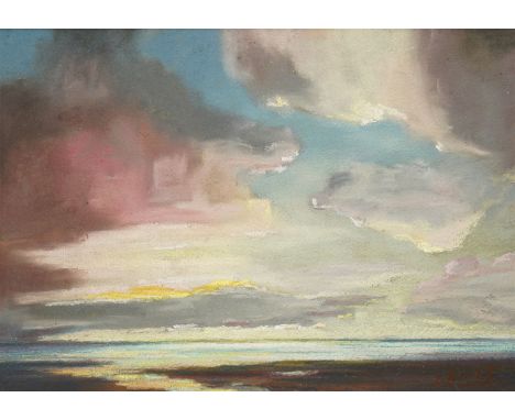 John Bowes (British 1899–1974): 'Sunset - Birkdale Shore', pastel signed, titled on label verso 26cm x 37cm