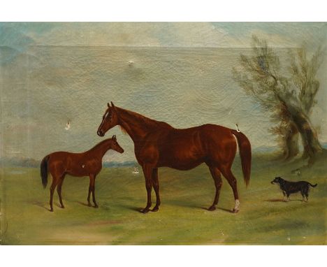 English School (19th/20th century): Portrait of Chestnut Mare and Foal with Terrier, oil on canvas unsigned 47cm x 68cm (unfr