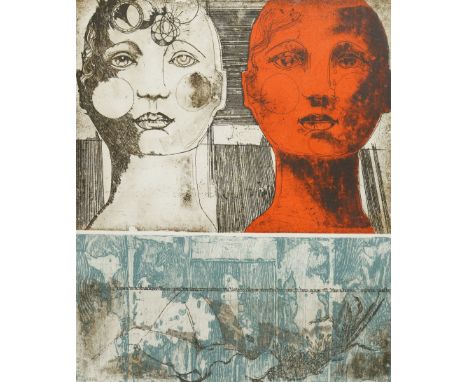 Susan Hudson (Canadian 1941-): 'Janus Weeps', colour etching and aquatint signed titled and numbered 23/40 in pencil 54cm x 4