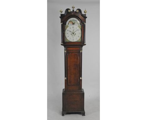 A late George III oak eight day longcase clock the13 inch arched enamel dial signed Rd. Pugh,Kerry, with centre subsidiary se