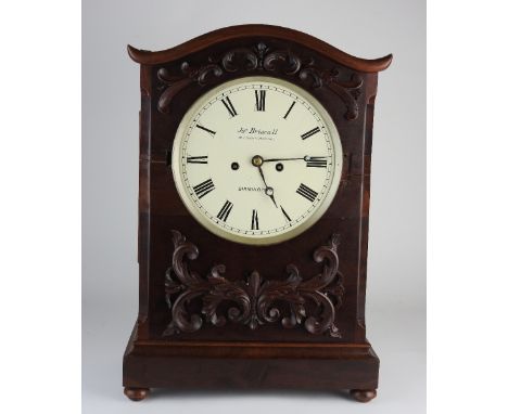 A twin fusee mahogany bracket clock, the 7.5 inch white enamel dial signed 'Ja. Briscall, 49 Constitution Hill, Birmingham' w