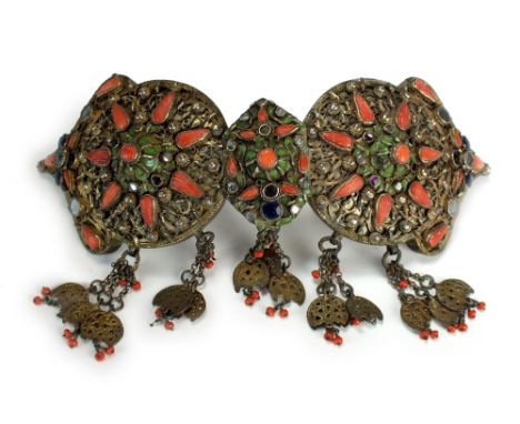 A jewelled yellow metal belt buckle, possibly Ottoman or Central Asia, 19th/20th Century, detachable in two parts forming rou