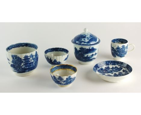 A group of blue and white Caughley porcelain, circa 1780-90, to include a fluted sucrier base and tea bowl each in the 'Pagod