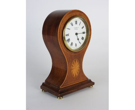 An Edwardian mahogany boxwood line strung balloon shaped timepiece, the 3/4 inch white enamel dial signed by retailer Robinso