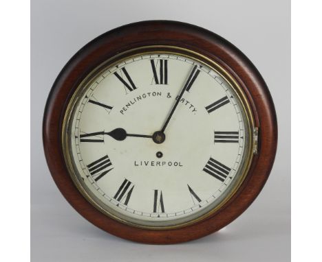 A 19th century mahogany cased single fusee wall timepiece, the 11 inch circular enamel dial, signed Penlington & Batty, Liver