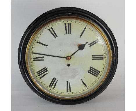A mid 19th century single fusee ebonised wall timepiece with 12 inch enamel dial of Roman numerals and single winding hole, o