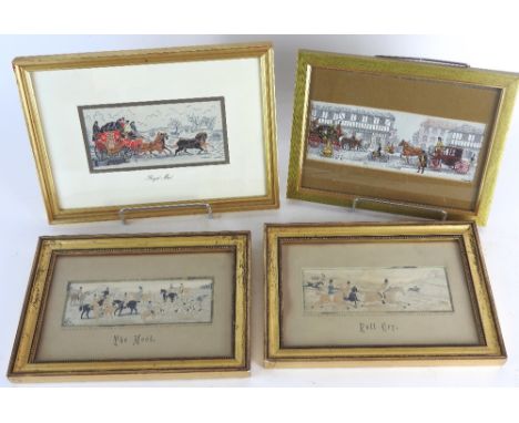A collection of four late 19th and 20th century stevengraphs depicting hunting and coaching scenes, various sizes, (4)