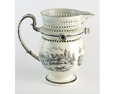 A creamware puzzle jug, early 19th century, printed in black with assorted hunting and shooting scenes, 20cm high (restored)