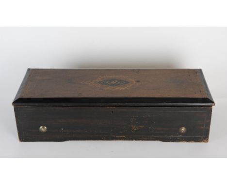 A mid 19th century rosewood and marquetry Swiss music box, the hinged lid opening to reveal a glazed dust cover and leaver wo