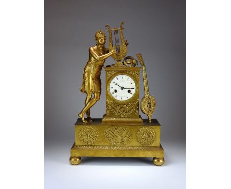 An early 19th century Empire ormolu mantel clock, the 4 inch convex enamel dial signed 'L S Mallet, J De Md Dorleans' with ei