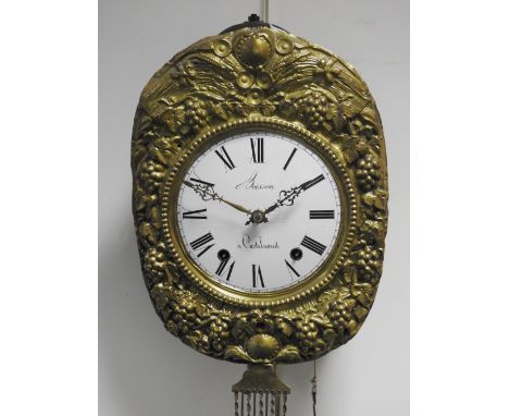 A late 19th century French twin weight eight day wall clock, the eight inch convex enamel dial signed 'Bois Son, A Castelnaud