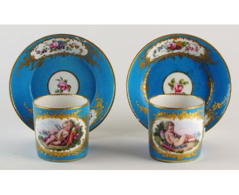 A pair of Sèvres porcelain blue celeste coffee cans and saucers (Gobelet 'Litron' et Soucoupe), dated 1789 and with painter's