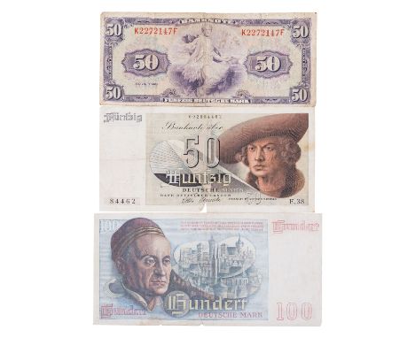 3-teilige Zusammenstellung Banknoten BDL - bestehend aus 1 x BDL - 50 Deutsche Mark Serie 1948, Av: Sitzende Frau mit Ähren u