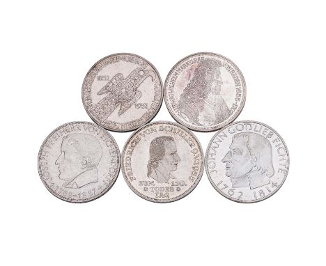 BRD Top 5 - 5 x 5 DM Sondermünzen 1952 - 1964 Davon 1 x 5 Mark 'Germanisches Museum', 1952 D, ss-vz mit Kratzern; 1 x 5 Mark 