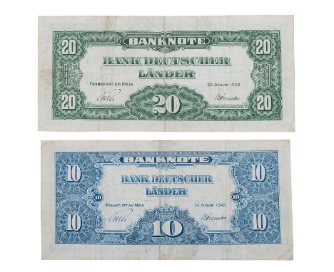 BRD /Bank Deutscher Länder - 10 DM / 20 DM 22.08.1949 davon 10 DM R/K Erhaltung III und 20 DM P/S Erhaltung III.| FRG /'Bank 