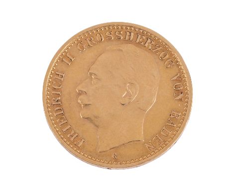 Dt. Kaiserreich /GOLD - Baden, Friedrich II. 10 Mark 1910-G gereinigt, s-ss, ca. 3,97 g. Jaeger Nr. 191| German Empire /GOLD 