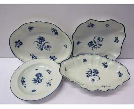 18th CENTURY WORCESTER "Gilly Flowers" pattern, oval shaped dessert dish, similar square dish and 2 other dishes from series,