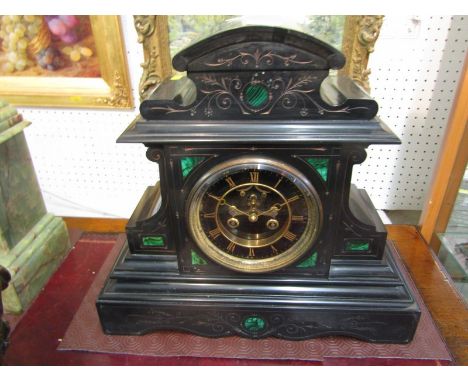 BROCOT ESCAPEMENT MANTEL CLOCK, malachite inlaid black marble temple design mantel clock, 14" height 