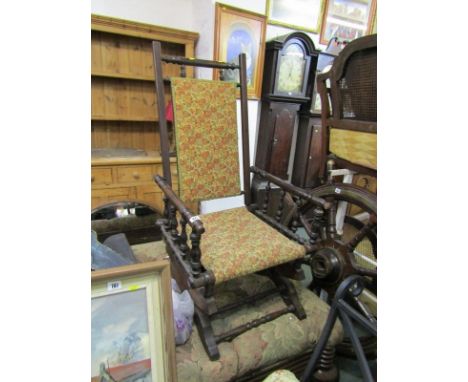 AMERICAN ROCKING CHAIR, a bobbin framed rocking chair with replacement tapestry panels 