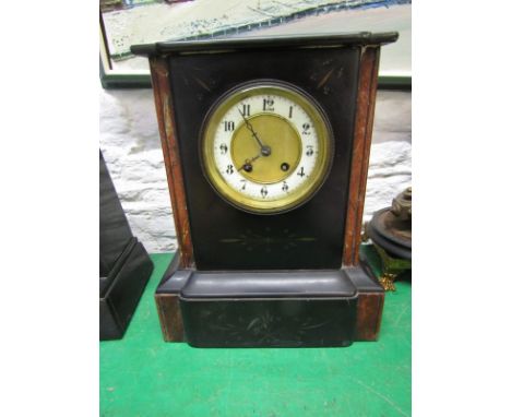 MARBLE MANTEL CLOCK, inlaid black marble plinth based mantel clock, coiled bar strike, 13.5" height 