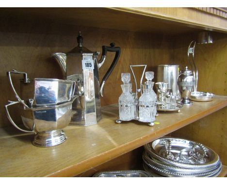 SILVER PLATE, Art Deco octagonal bodied coffee pot with matching cream jug and sucrier, cut glass condiment set, wine bottle 