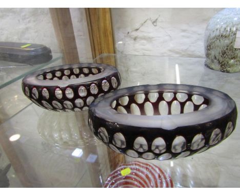 GLASSWARE, pair of ruby cased cut glass oval ash trays 
