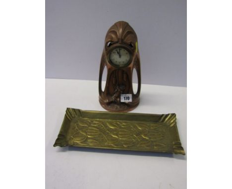 ART NOUVEAU, copper Continetal design mantel clock depicting cherub swinging on clock weights, 9" height, together with embos