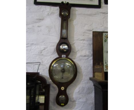 MERCURY BAROMETER, early 19th Century inlaid mahogany satin dial barometer with combined thermometer, 38" height 