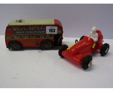 CLOCKWORK TOYS, vintage tin plate double decker bus by Wells, together with vintage clockwork plastic racing car 