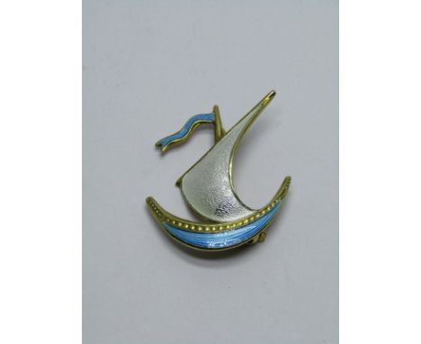 NORWEGIAN STERLING SILVER ENAMEL BROOCH; In the form of a sailing boat 