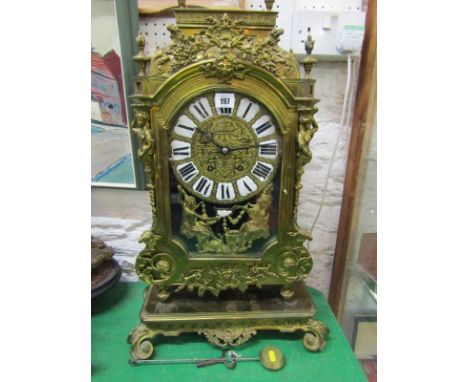 ELKINGTON BRACKET CLOCK, a fine 19th Century ornate brass cased bracket clock on matching stand by Elkington, inset enamelled