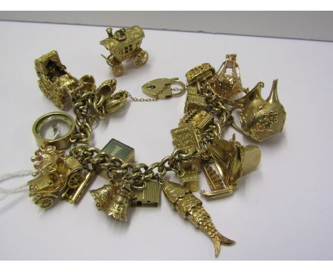 HEAVY 9ct GOLD CHARM BRACELET, approx 133 grams, inc opening carriage, teapot, car, lantern, articulated fish, compass, pram,