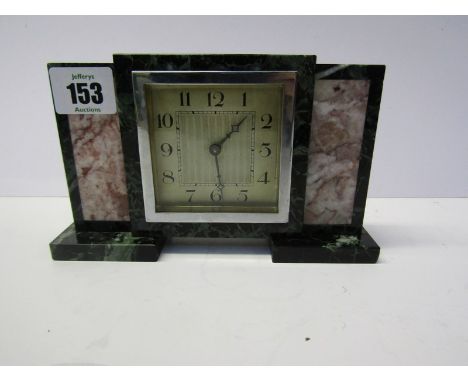 FRENCH ART DECO, coloured marble chrome surround mantel clock, 4" height 